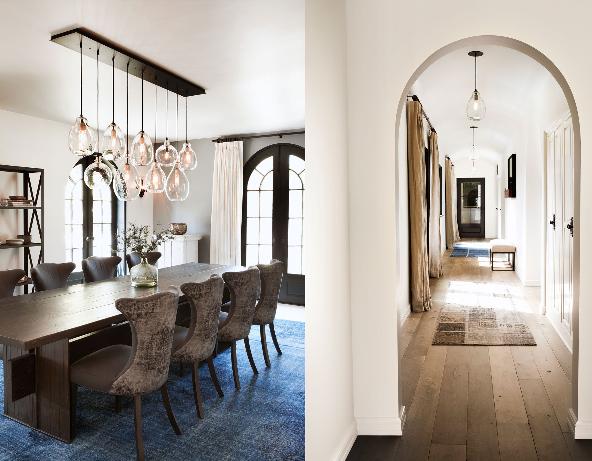 dining table withe glass pendants and a hall way with arches