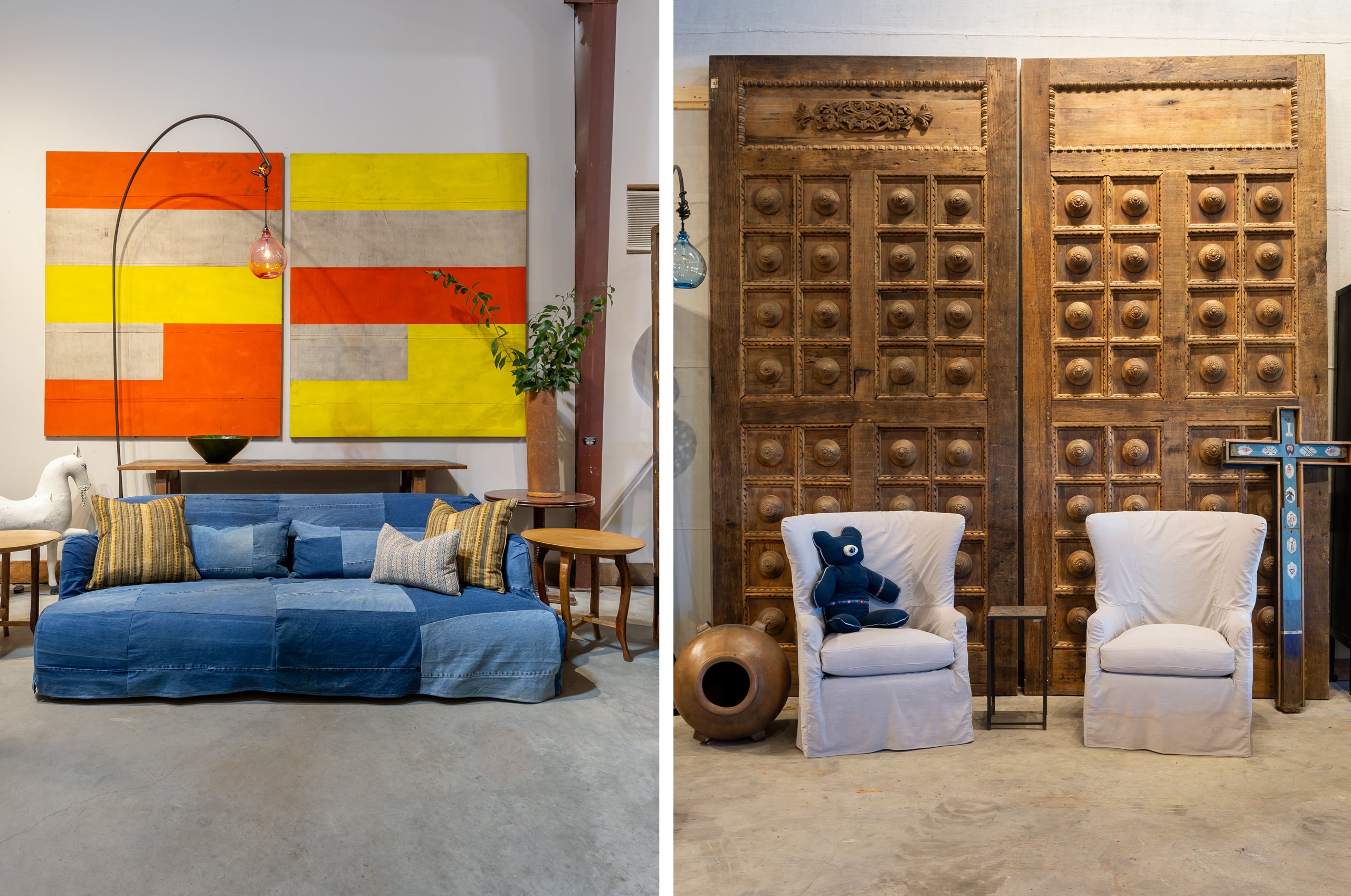 Two vertical images side by side. Left image is a demin upholstered bed. Right image of two white chairs in front of large vintage wooden doors