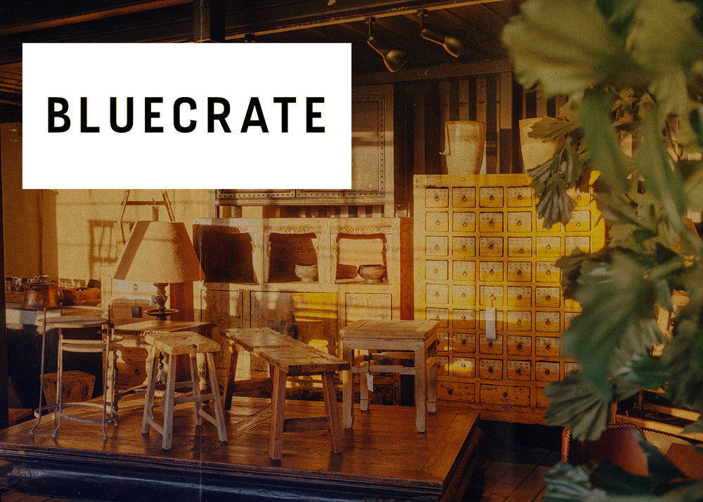 interior with wooden furniture and white blue crate logo