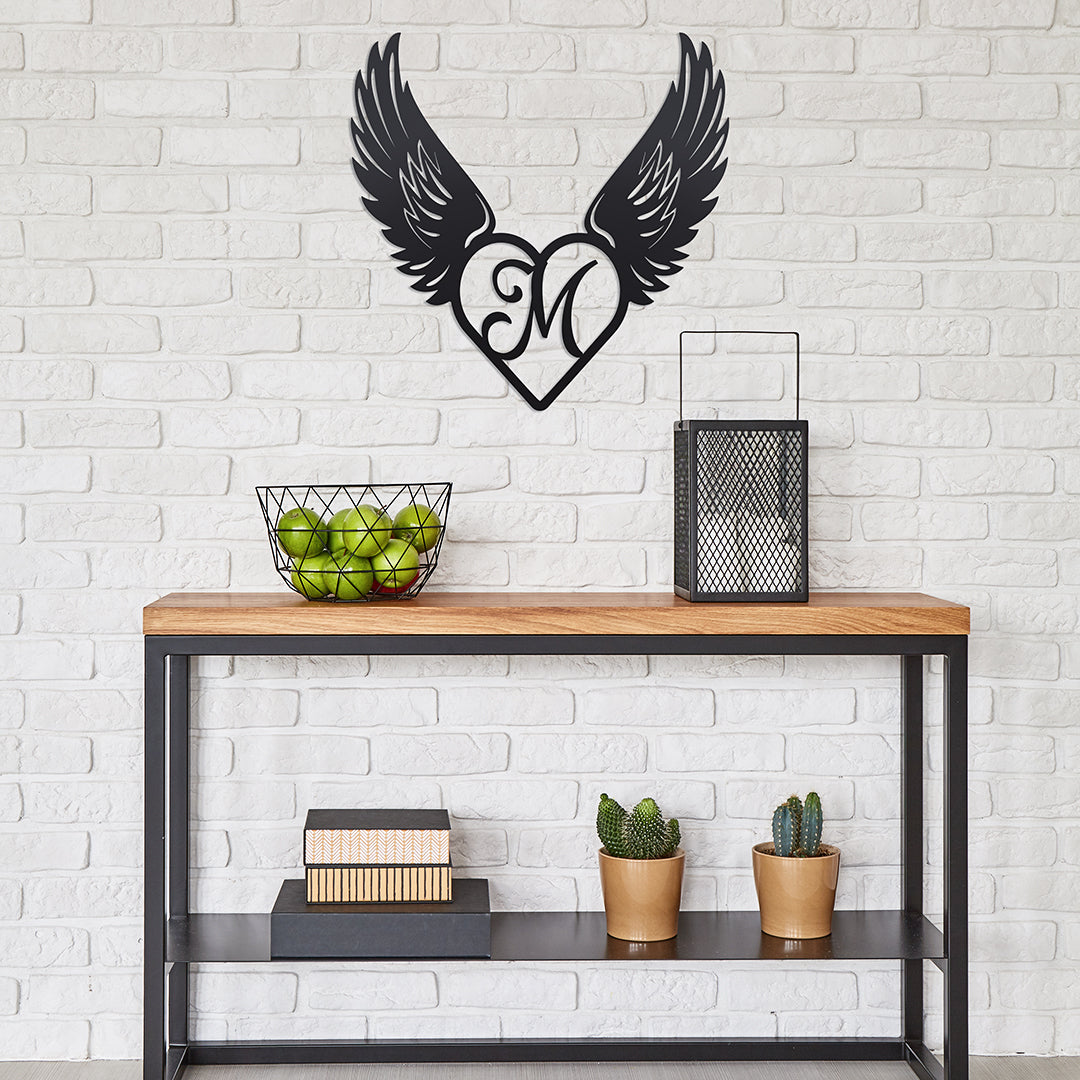 Heart With Angel Wings Monogram - Black - 14 X 14