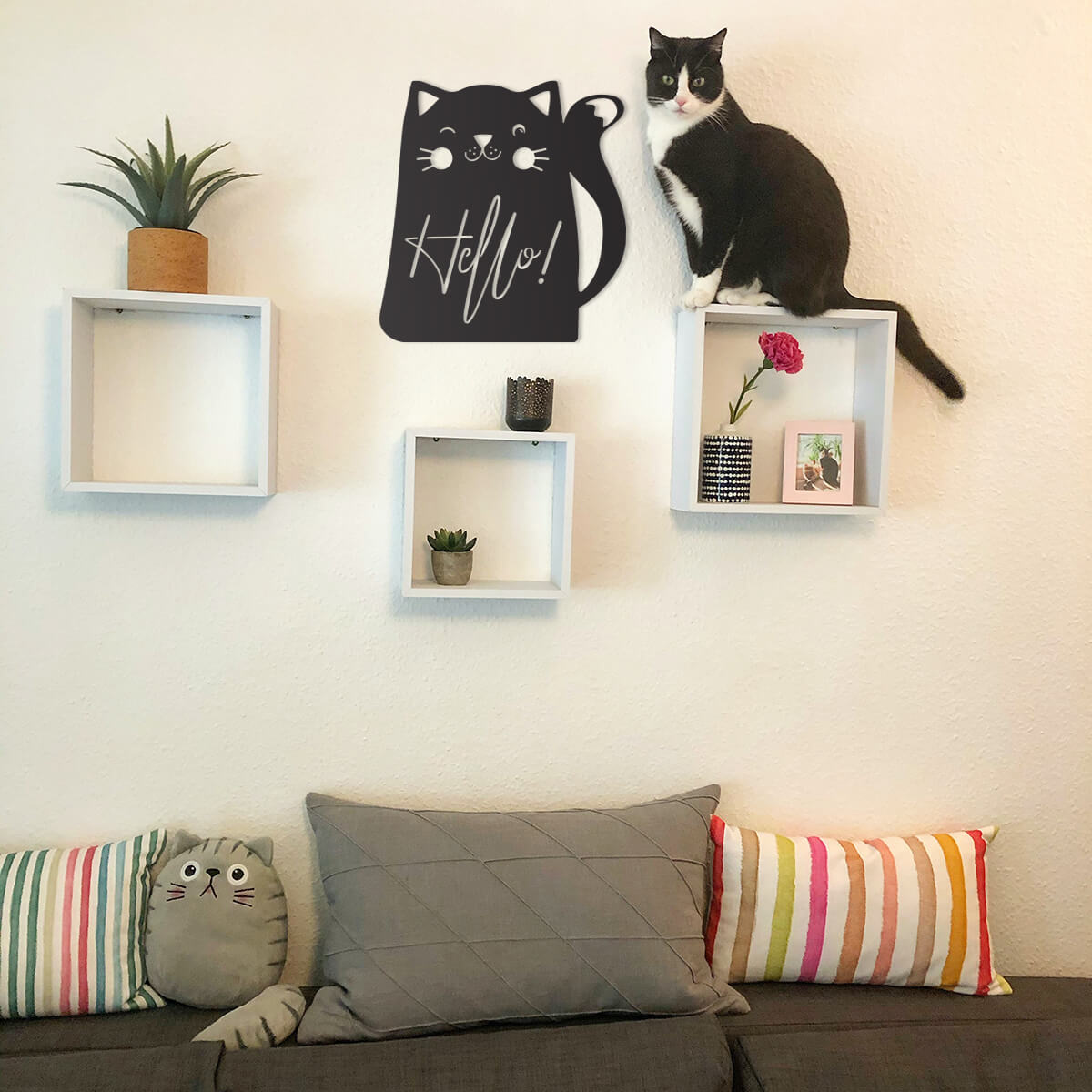Hello Cat Wall Art - Black - 18