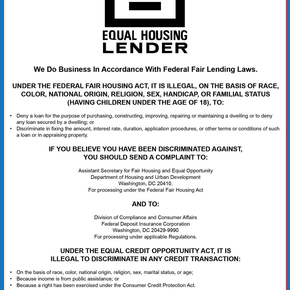 Equal Housing Lender Poster — State and Federal Poster
