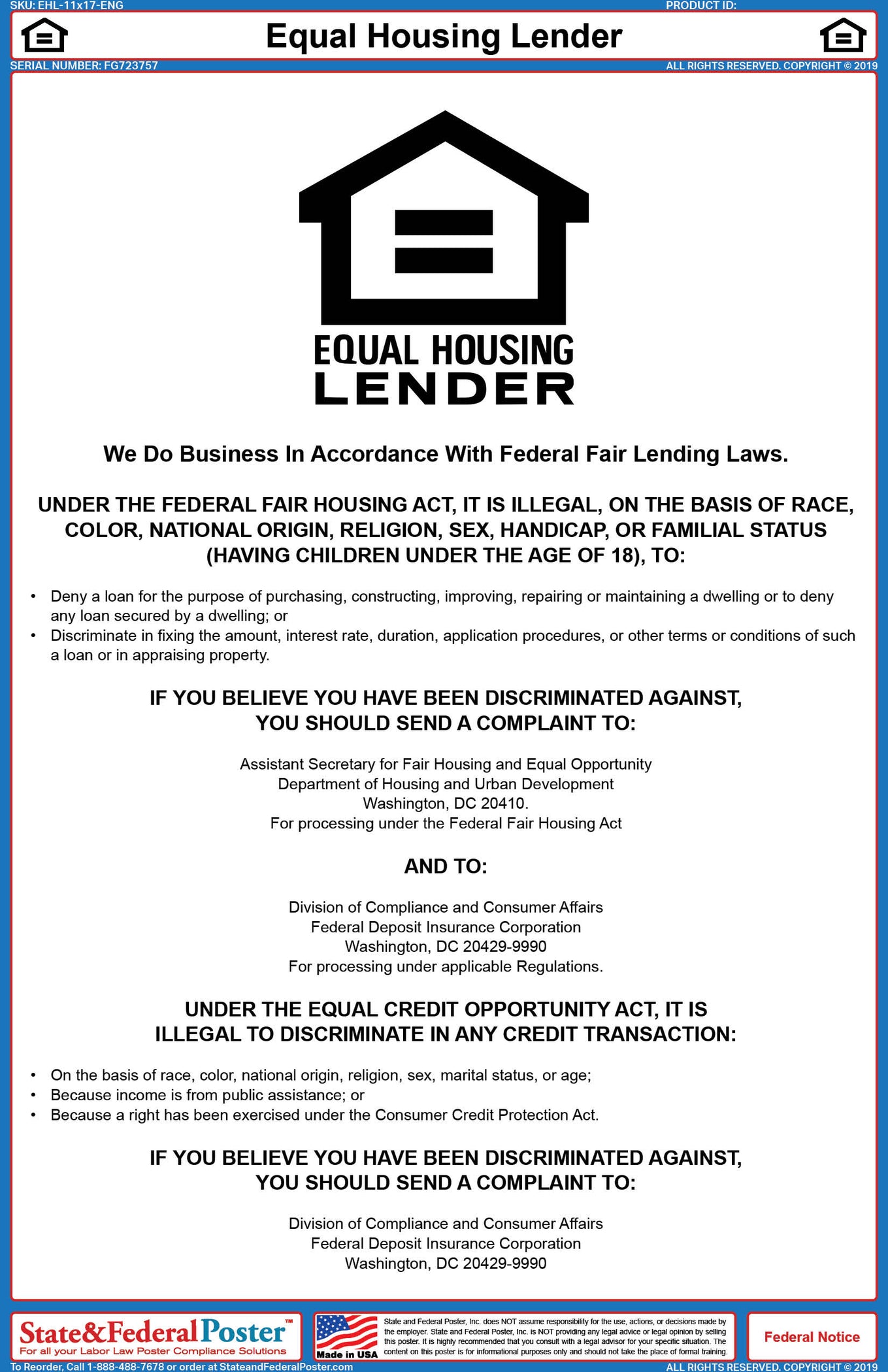 Equal Housing Lender Poster — State and Federal Poster
