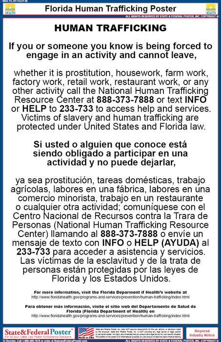 Florida Human Trafficking Poster Bilingual — State And Federal Poster