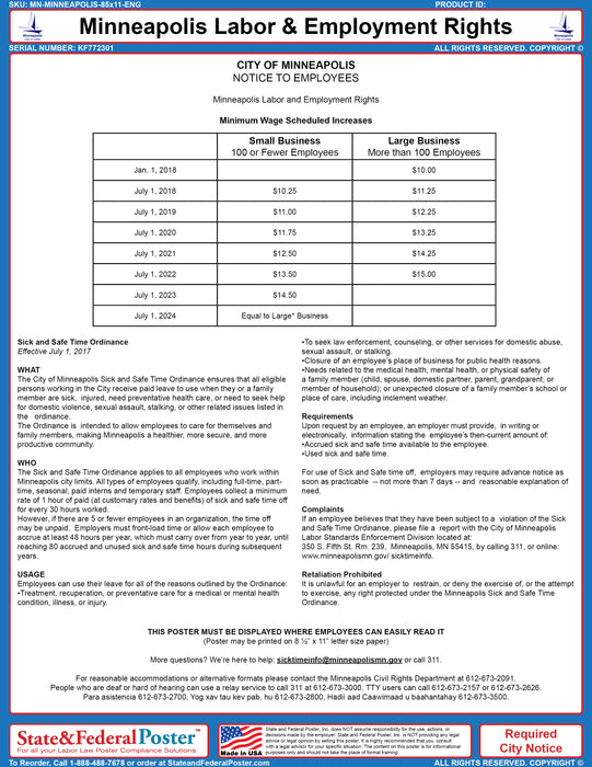 Minneapolis, Minnesota Minimum Wage & Employment Rights Poster — State