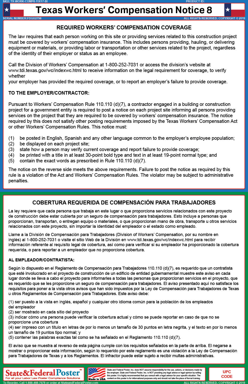Texas Workers' Compensation Notice 8 (Bilingual) — State and Federal Poster