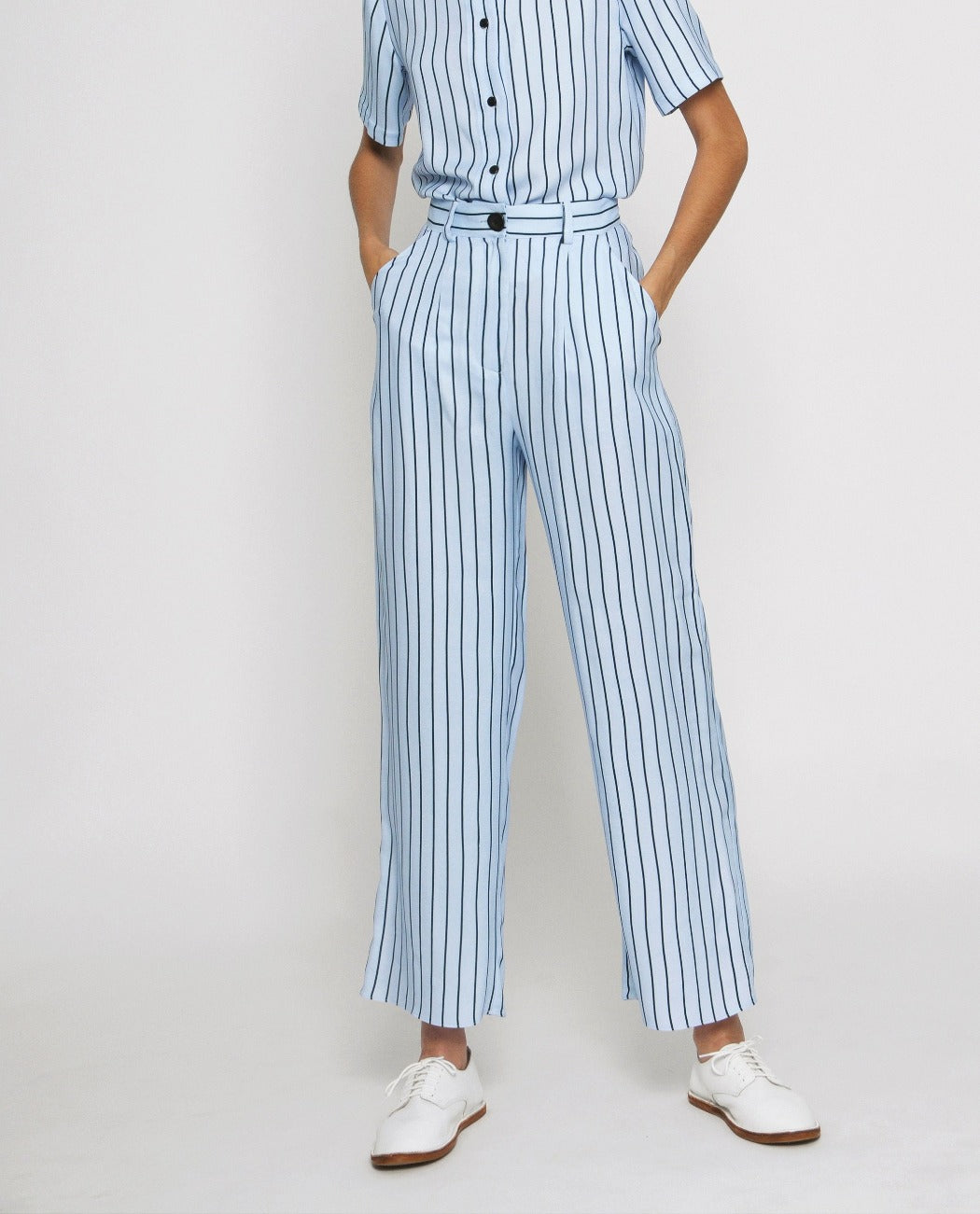 striped blue trousers