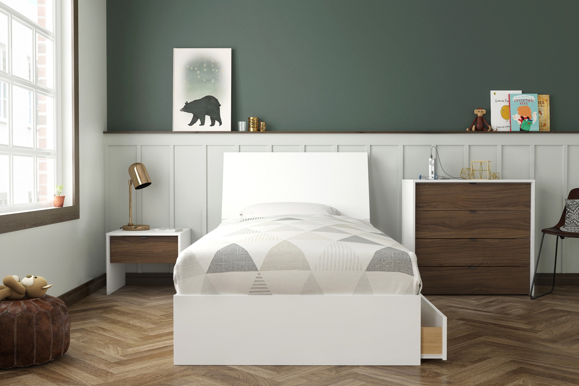 Nexera Twin Size Bedroom Set Sahara 4 Piece Twin Size Bedroom Set, White & Walnut Heras Home Furniture
