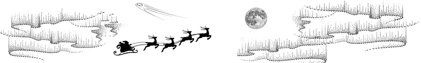 Santa's sleigh pulled by reindeer flies through the nighttime Aurora Borealis and past a comet