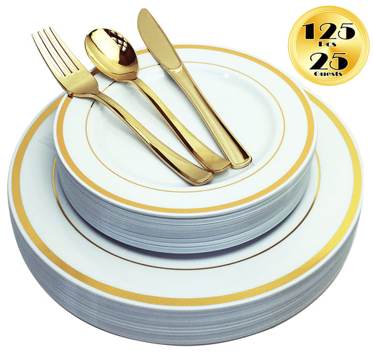 JL Prime 125 Piece Silver Plastic Plates & Cutlery Set, Dinner Plates,  Salad Plates, Forks, Knives, Spoons, 25 Each