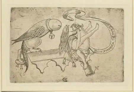 Un uomo e una donna abbracciati su una panchina, con un uccello a forma di pene e una pergamena con la scritta “PVRINEGA TIE[N] DVRO”.