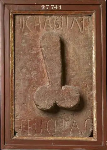 rilievo con fallo e iscrizione della citazione: "Hic habitat felicitas" (qui abita la felicità), Pompei.
