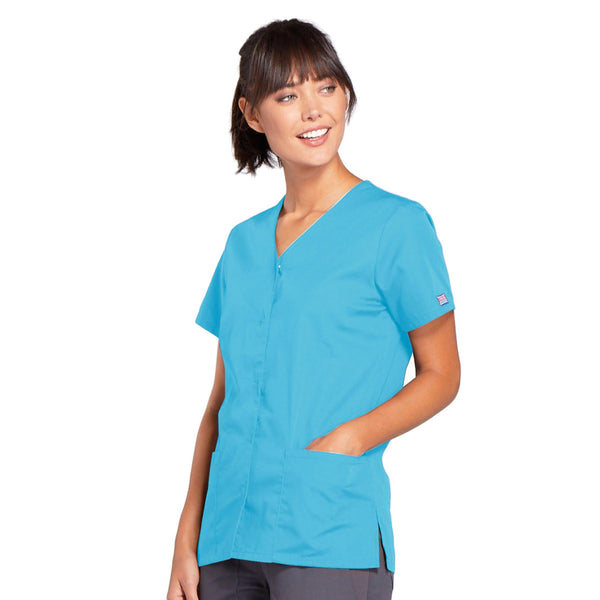Cherokee Workwear 4770 Scrubs Top Women's Snap Front V-Neck Turquoise 3XL