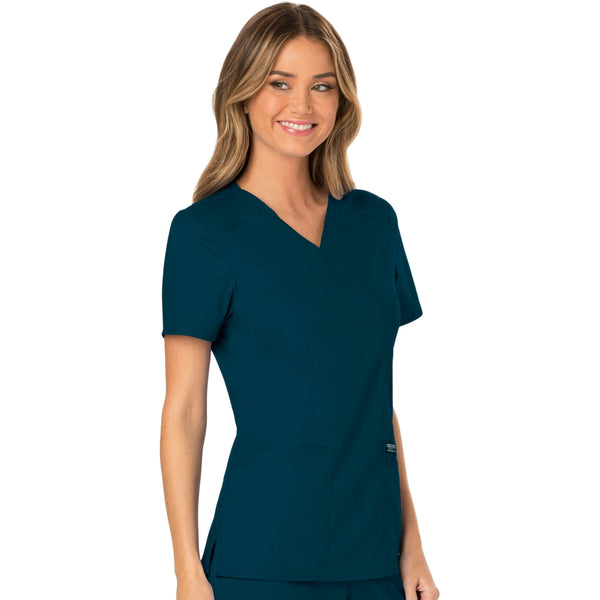 Cherokee Workwear Revolution WW610 Scrubs Top Women's Mock Wrap Caribbean Blue 5XL