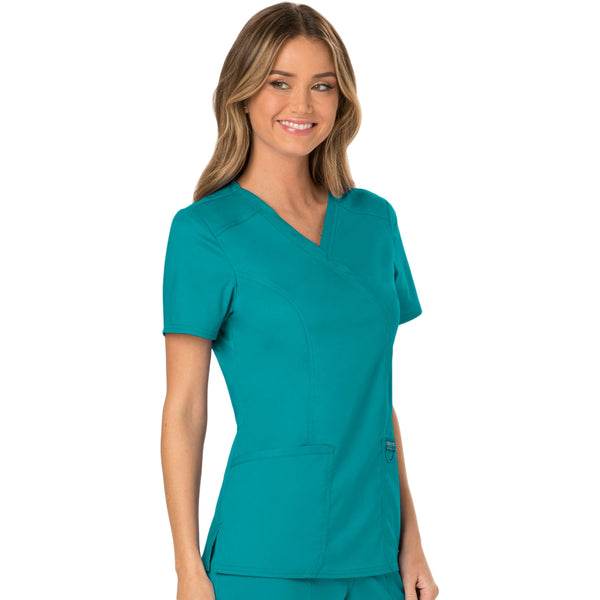 Cherokee Workwear Revolution WW610 Scrubs Top Women's Mock Wrap Teal Blue 5XL