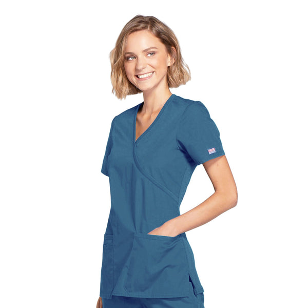 Cherokee Workwear WW650 Scrubs Top Women's Mock Wrap Caribbean Blue 4XL