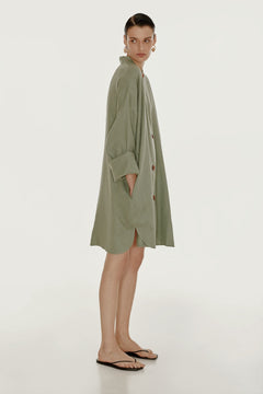 green linen shirt dress