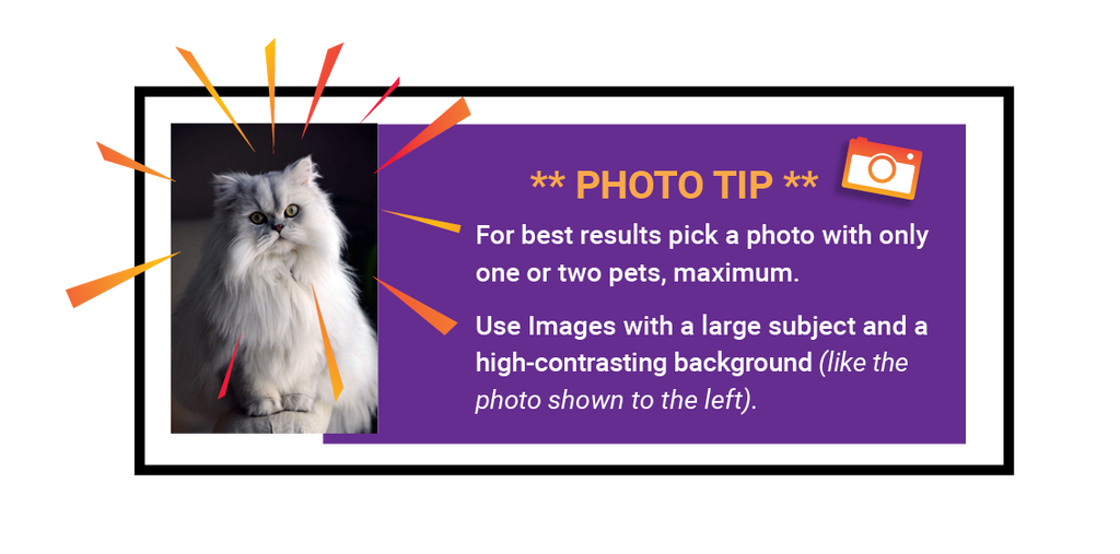 PHOTO PRO TIP - For best results, pick a photo with only one or two pets, maximum. Use images with a large subject and a high-contrasting background (like the photo shown to the left).