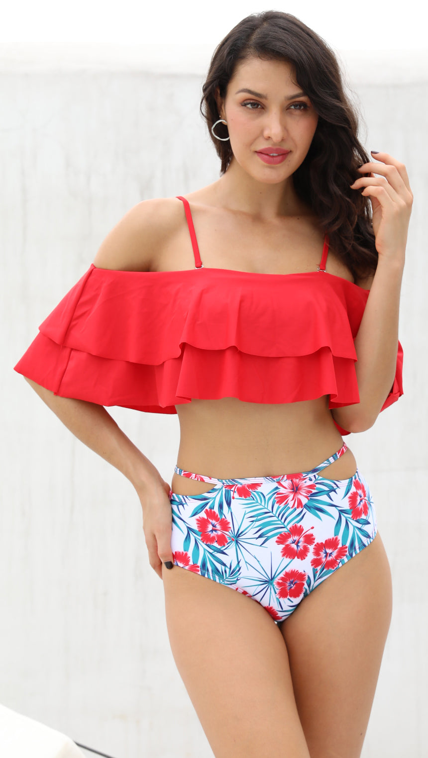 off the shoulder ruffle bikini top