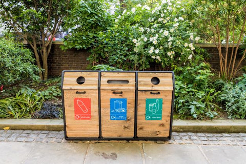 Recyclling bins with signage