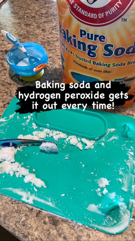 Baking Soda mixed in Hydrogen peroxide removes food stains from busy baby mat