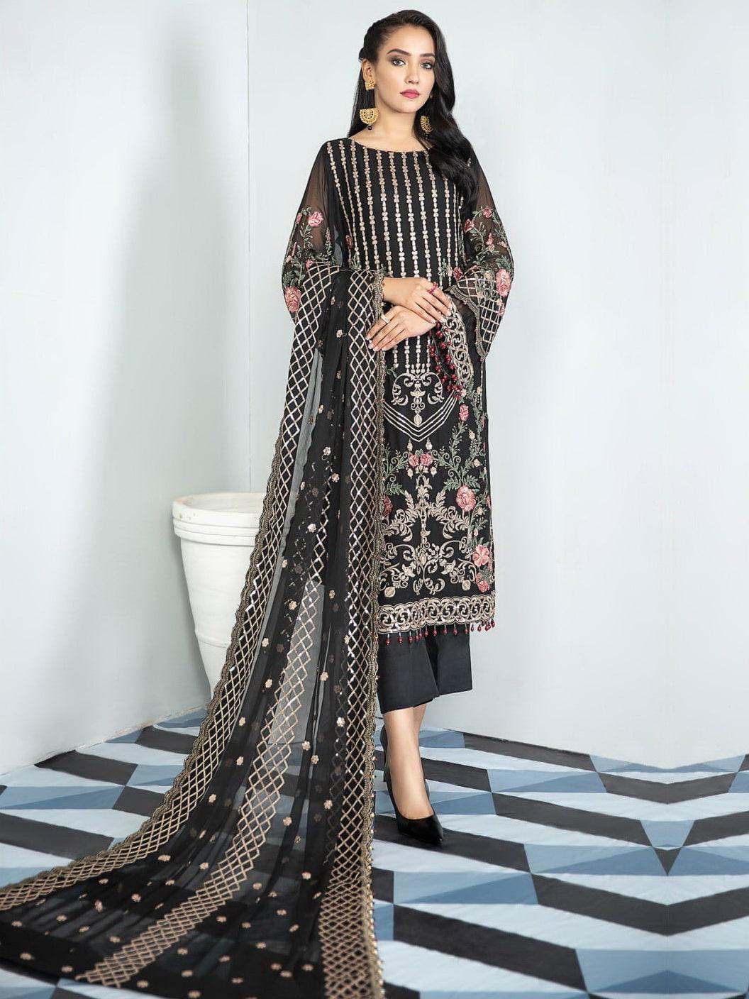 Alizeh Fashion Vol-03 Embroidered Chiffon 3Pc Suit D-11 Black Palm