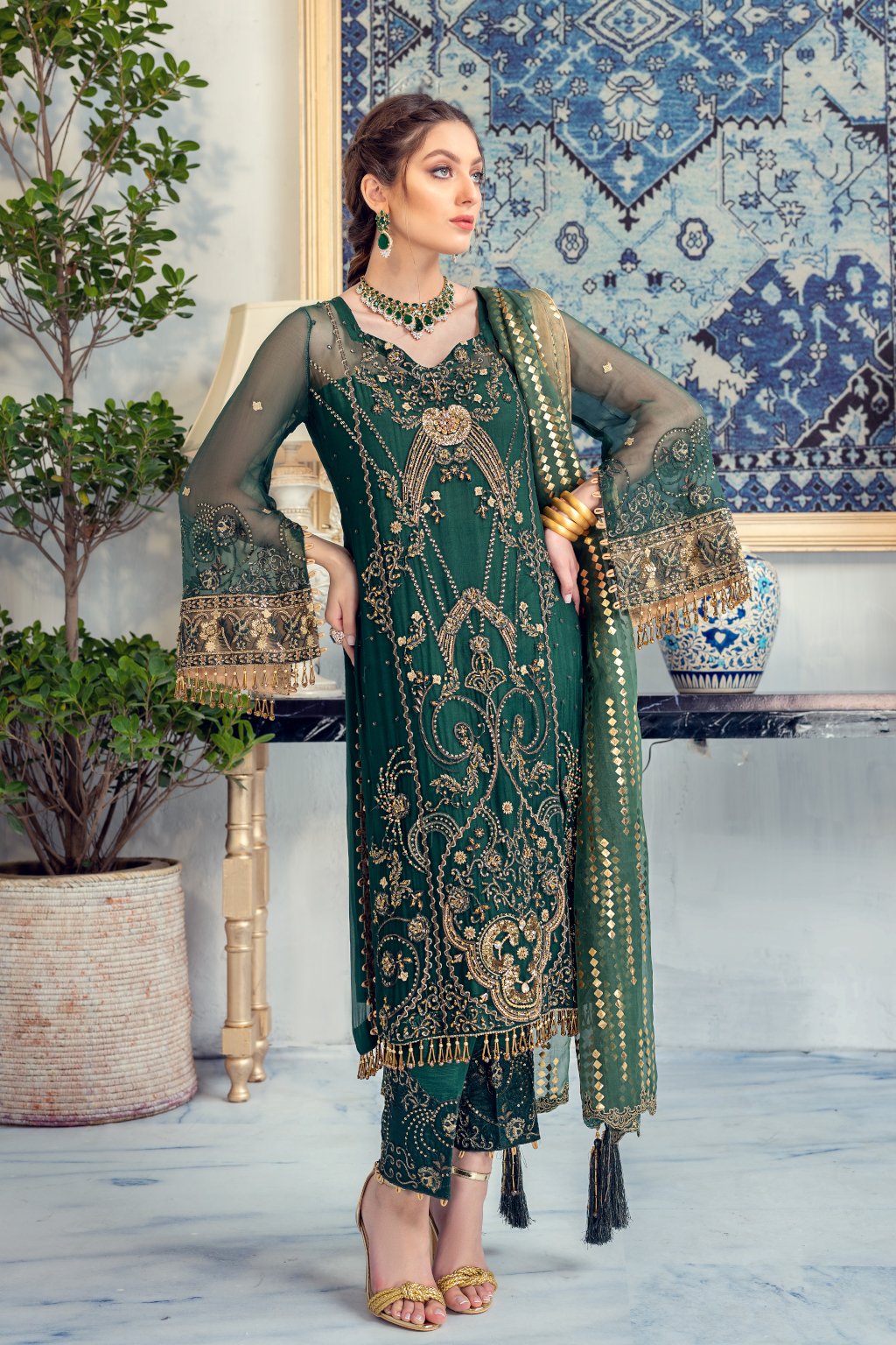 Meeral Luxury Formal Wedding Chiffon Unstitched 3pc Suit ML-04-BOTTLE GREEN