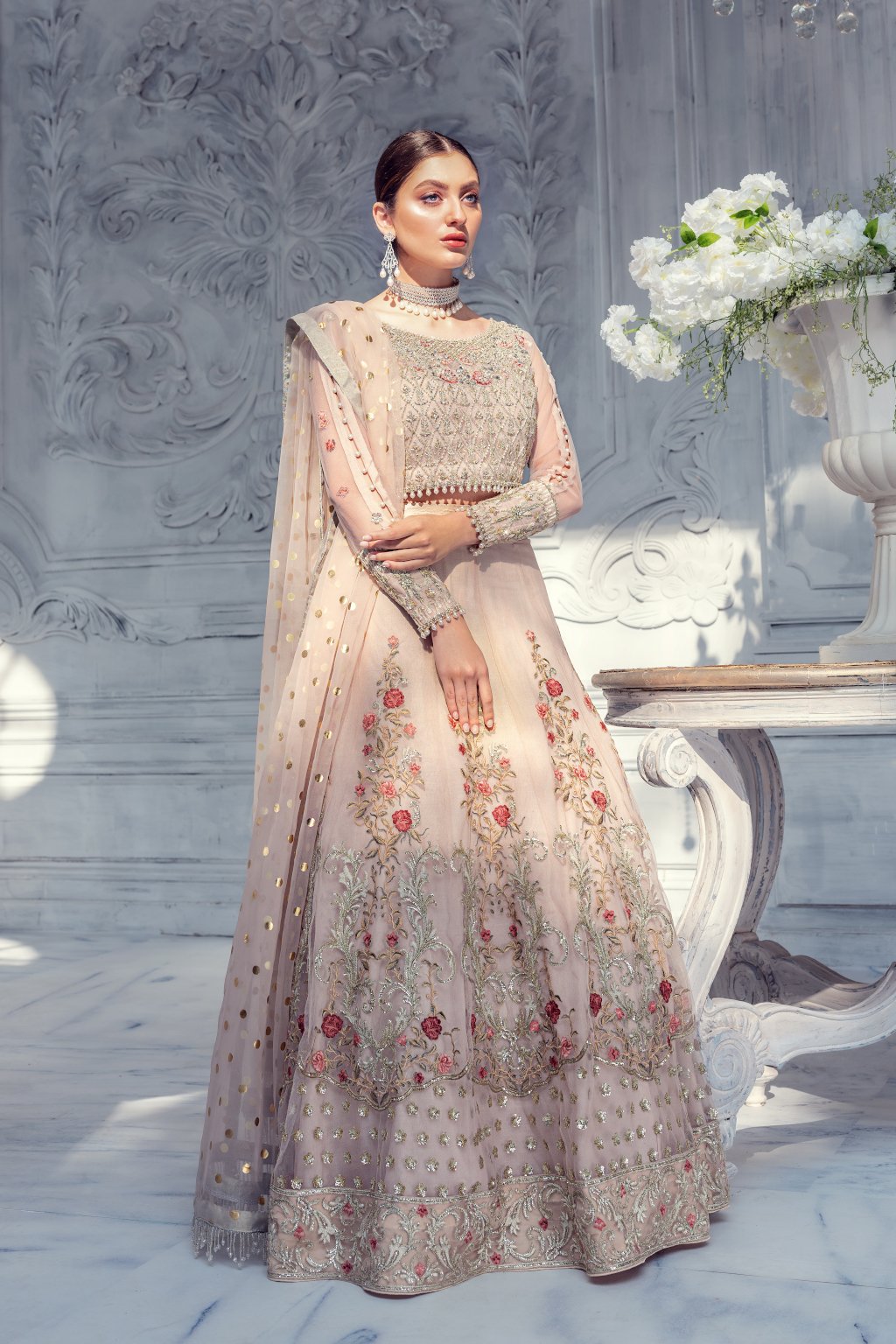 Meeral Luxury Formal Wedding Chiffon Unstitched 3pc Suit ML-05-PINK