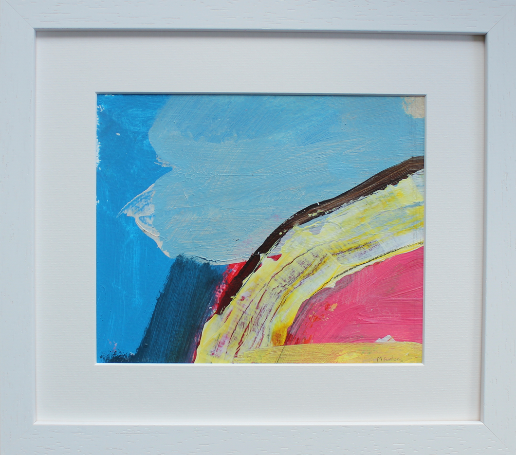 Abstract wall art framed in blue yellow pink and white