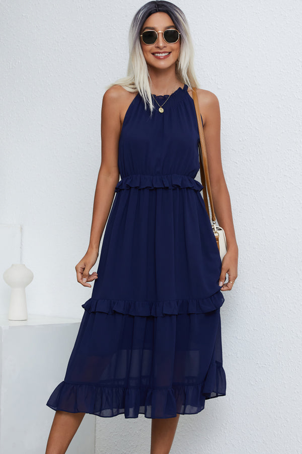 Solid Color Halter Neck Sleeveless Maxi Dress