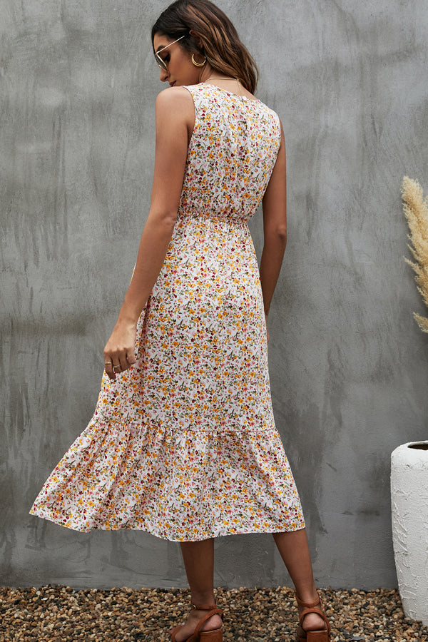 Floral Print V Neck Ruffle Hem Sleeveless Dress