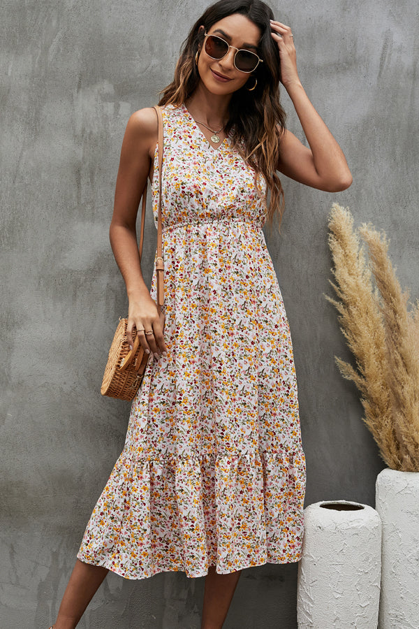 Floral Print V Neck Ruffle Hem Sleeveless Dress