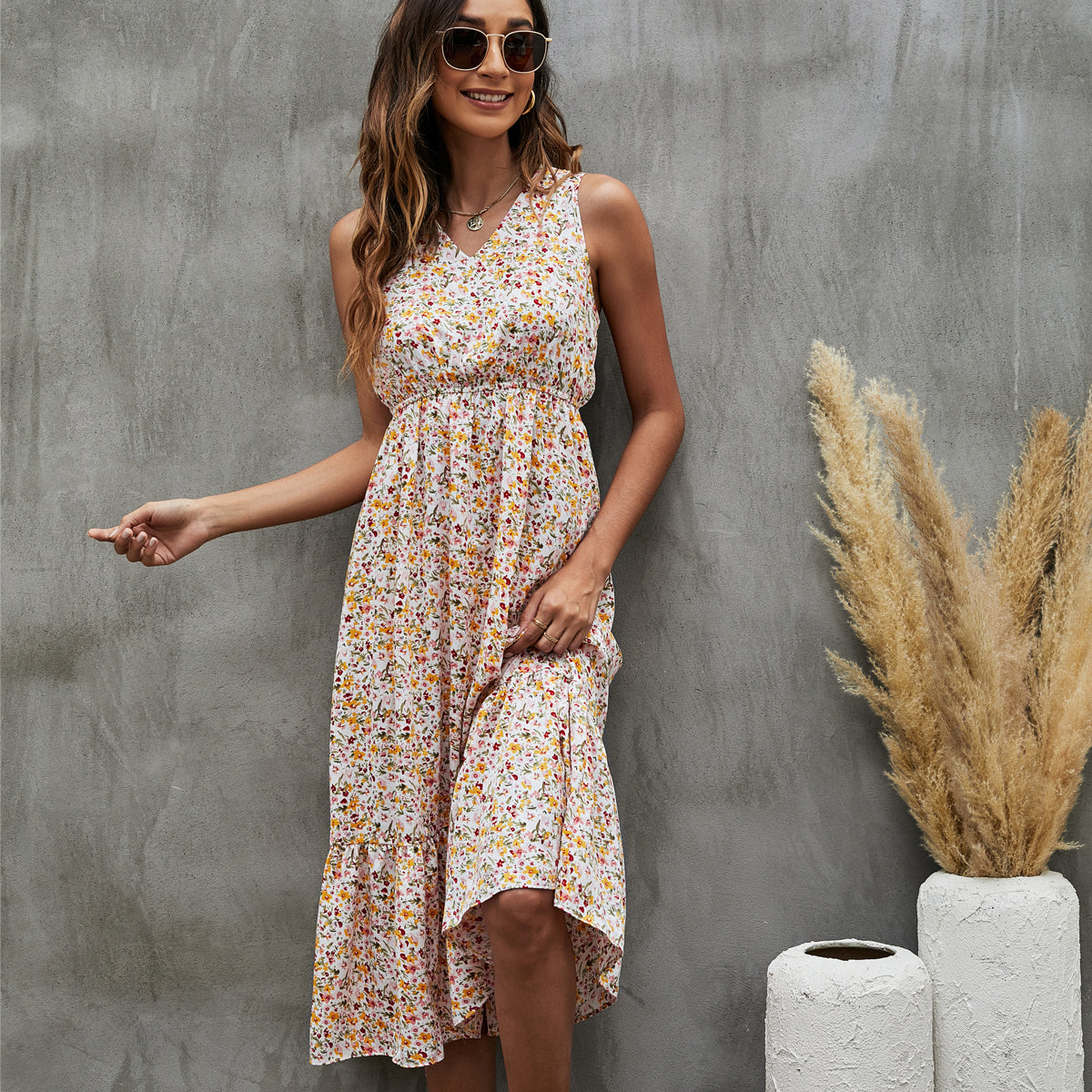 Floral Print V Neck Ruffle Hem Sleeveless Dress