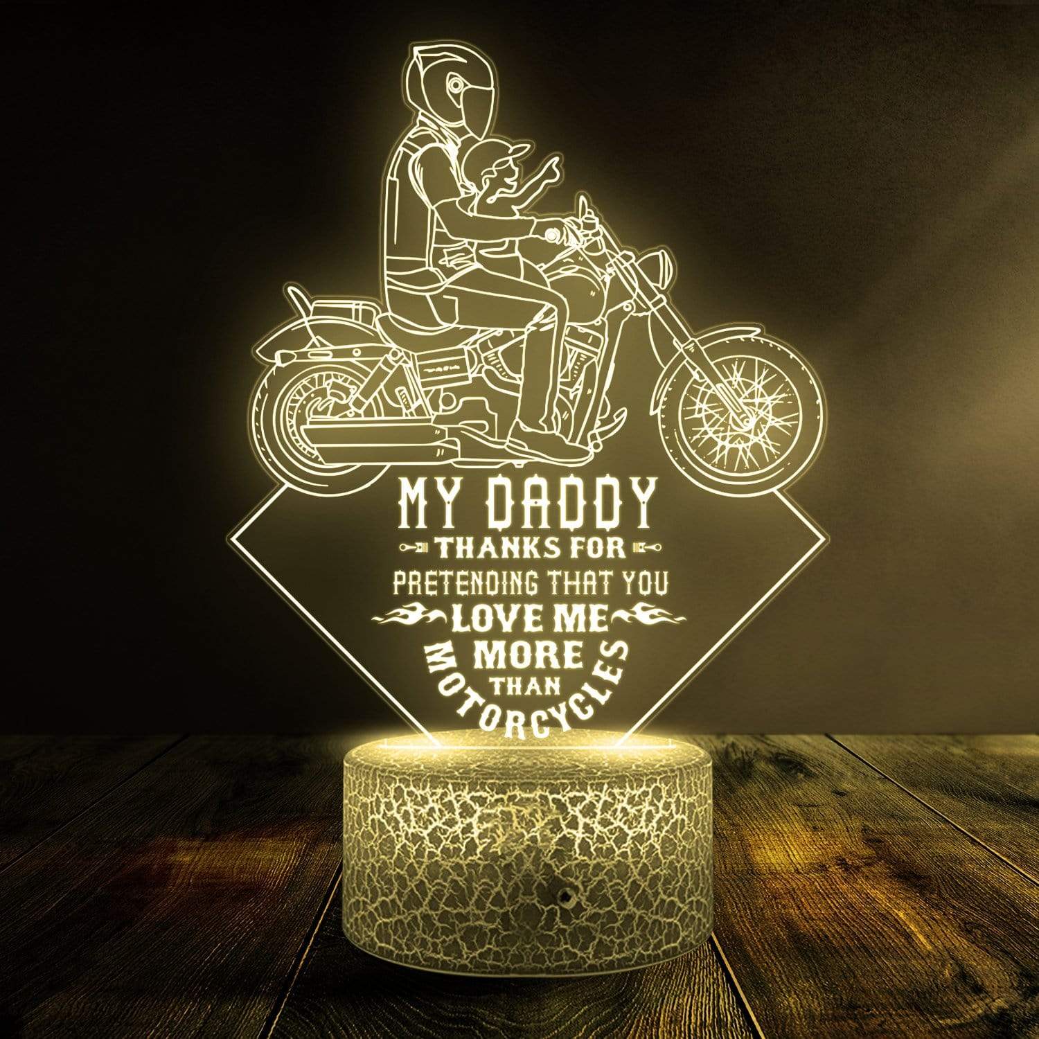 This 3D LED biker light casts a warm, illuminating glow, perfect for Dad's space.