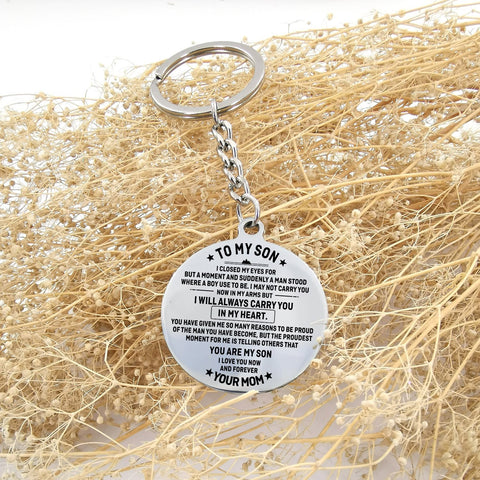 drive safe circle keychain with engraved message for son