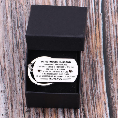 dog tag keychain for future husband in a gift box
