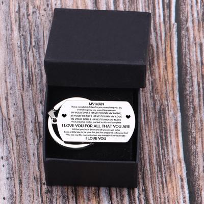 dog tag engraved keychain for boyfriend, husband in a gift box