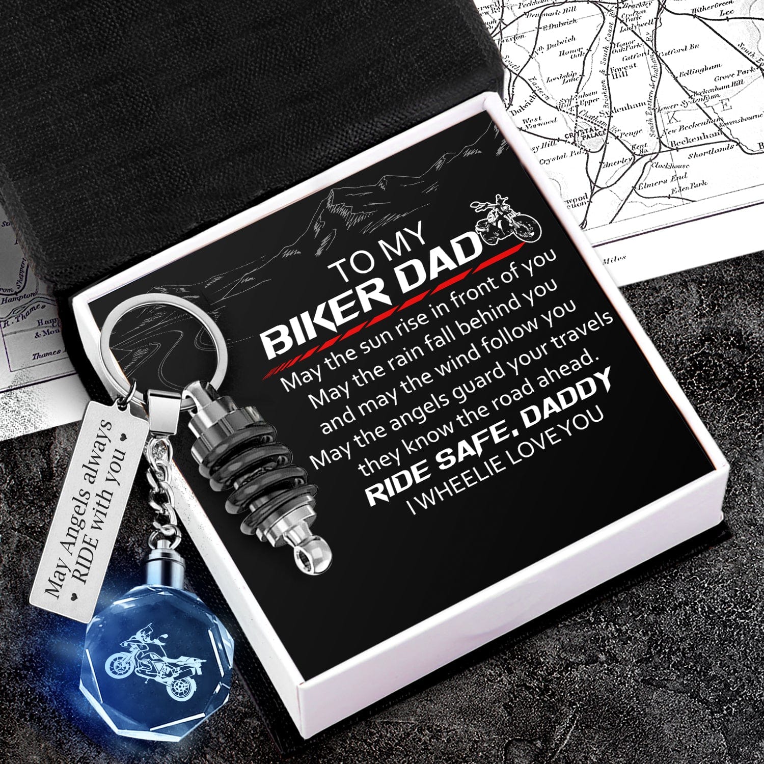 Illuminate Dad's keychain with an LED Light Motorrad Keychain from Wrapsify, a reminder of your love for your biker Dad