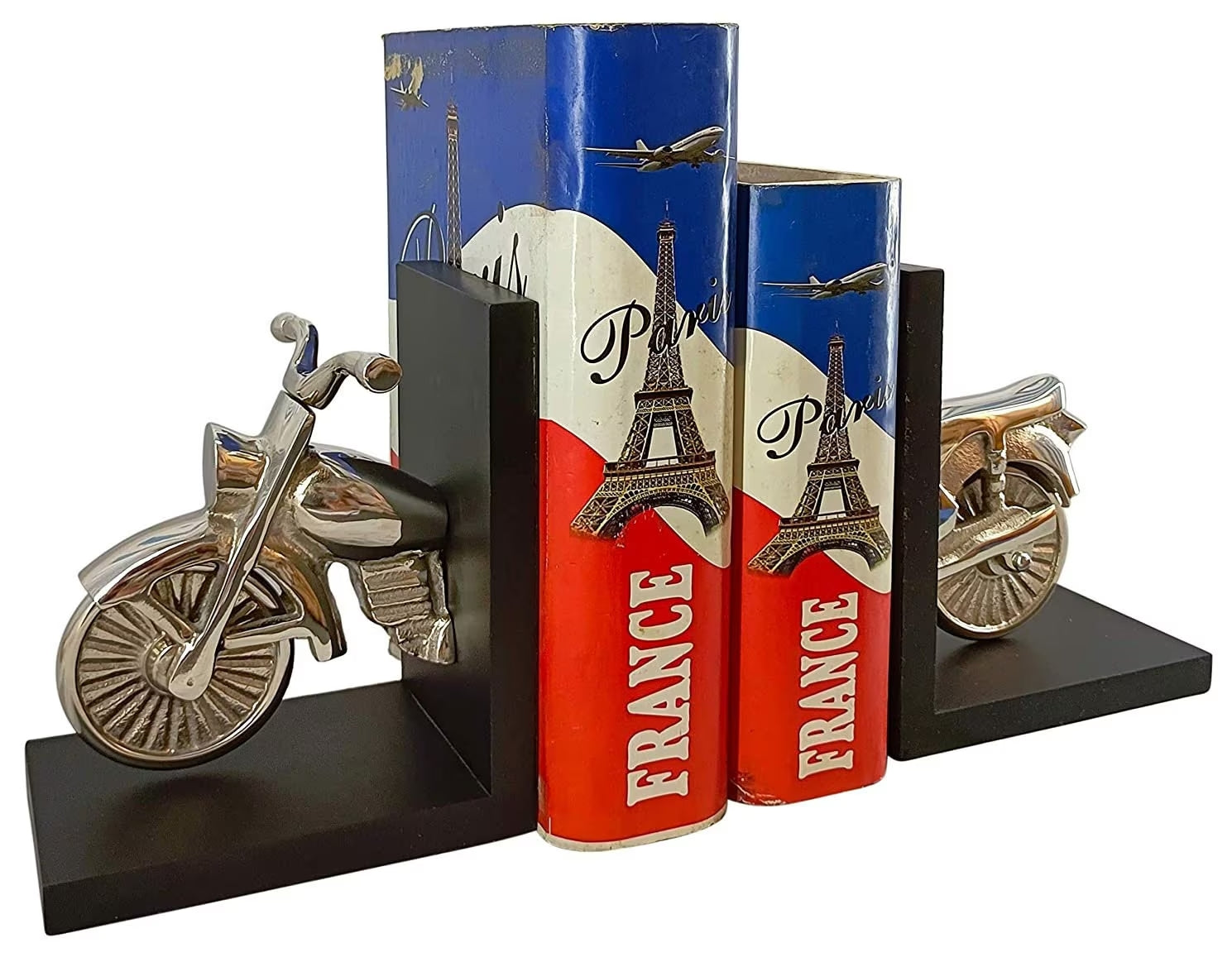 Motorcycle-themed bookends add a touch of biker culture to your shelf