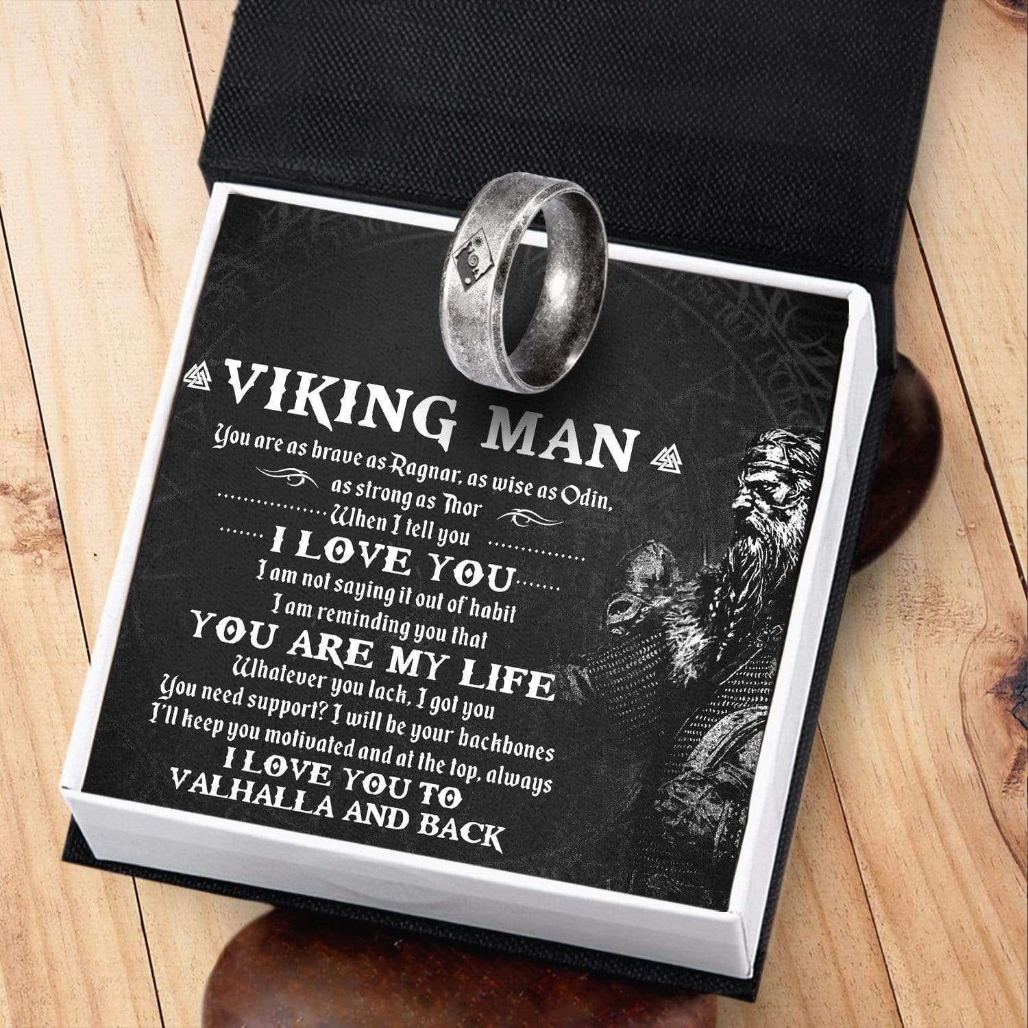 A Skoll &amp; Hati rune ring declaring eternal devotion to your Viking man