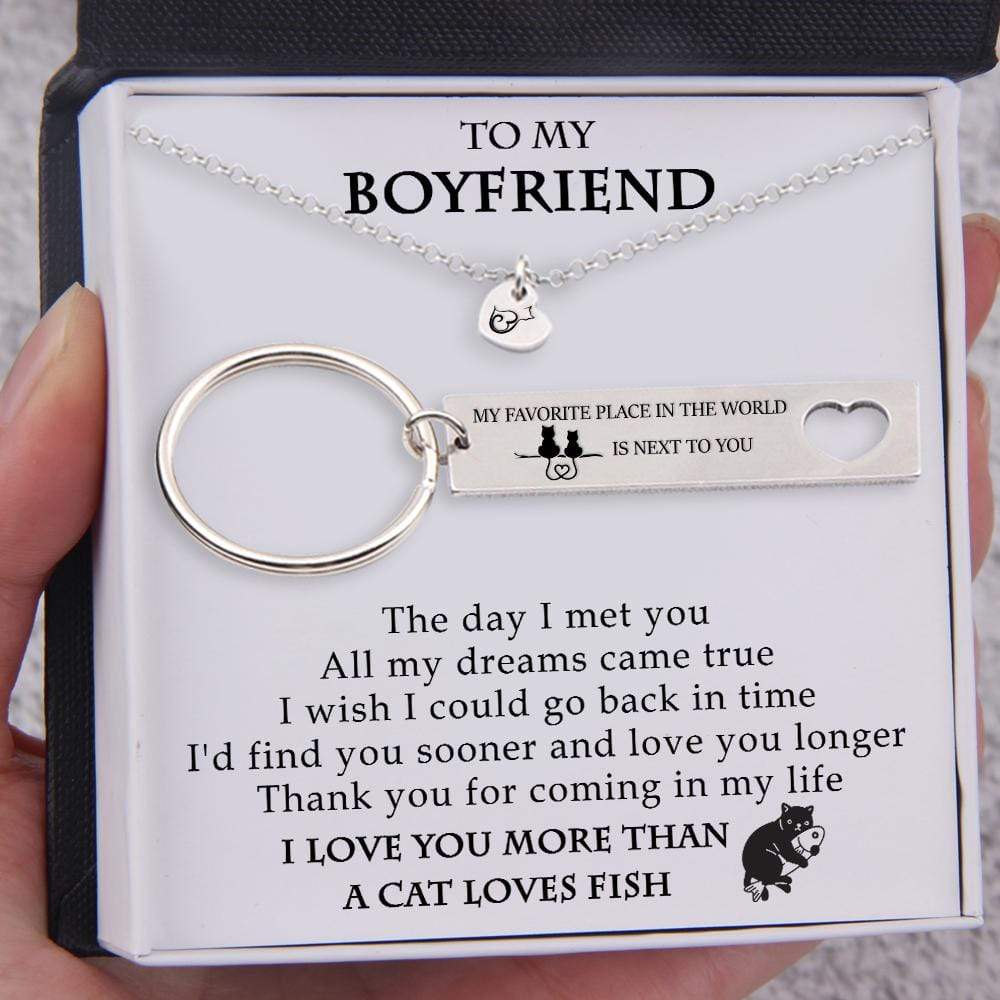 Heart Necklace Keychain Gift Set Cat Lovers To My Boyfriend I Love You More Than A Cat Loves Fish Gnc111 Petlovegift