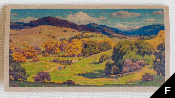 "California Landscape" greeting card features art depicting rolling hills, trees, and clouds in the sky, originally an oil painting (full color printed on kraft paper)