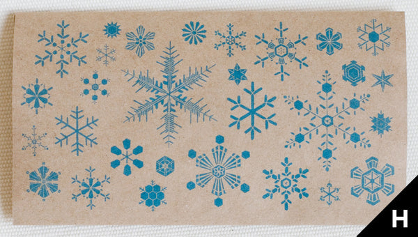 "Snow Flakes" greeting card features illustrations of snowflakes (blue print on kraft paper)