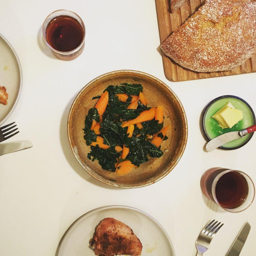 salt preserved meyer lemons on steamed kale and carrots.