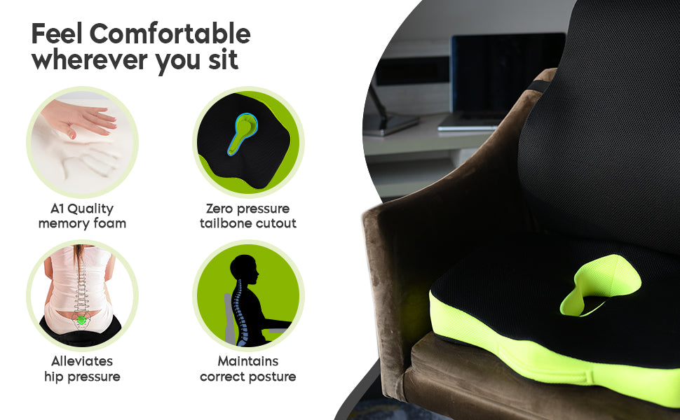 This coccyx seat pillow corrects bad sitting and relieves hip discomfort
