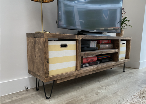 Reclaimed wood TV stand with hairpin legs