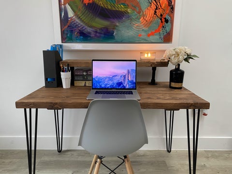 Reclaimed wood desk with hairpin legs