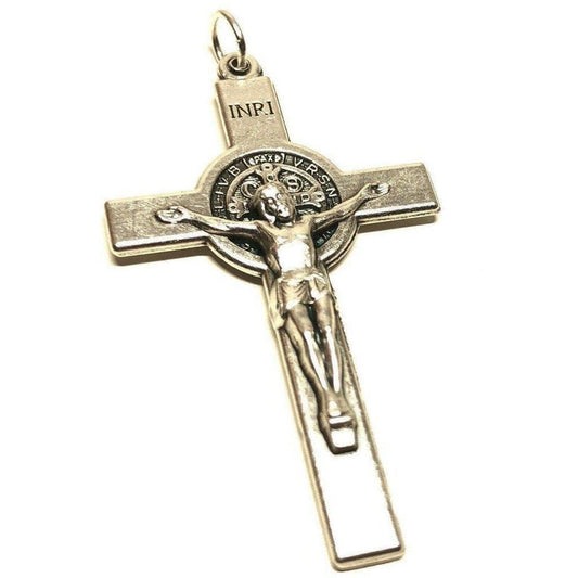 Pardon Indulgence Crucifix with St Benedict Medal and Miraculous Medal Triple Threat Crucifix Cross for Rosary Making - 2 1/8 inch Silver Oxidized