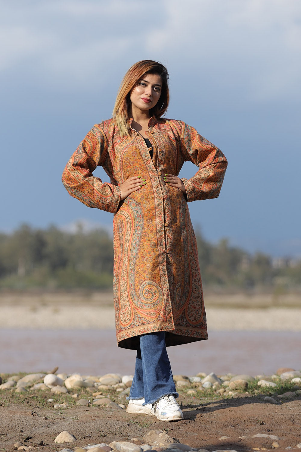 Ferozi Kashmiri Coat With China Vine Pattern Embroidery | Angad Creations