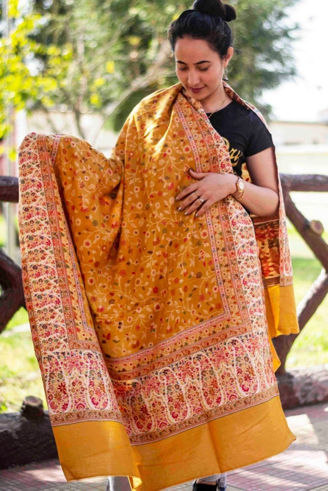 Mustard colour beautiful kani four sided running border and allover ...